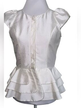 C. Luce White Satin Tiered Peplum Blouse Puff Sleeve Size M EUC